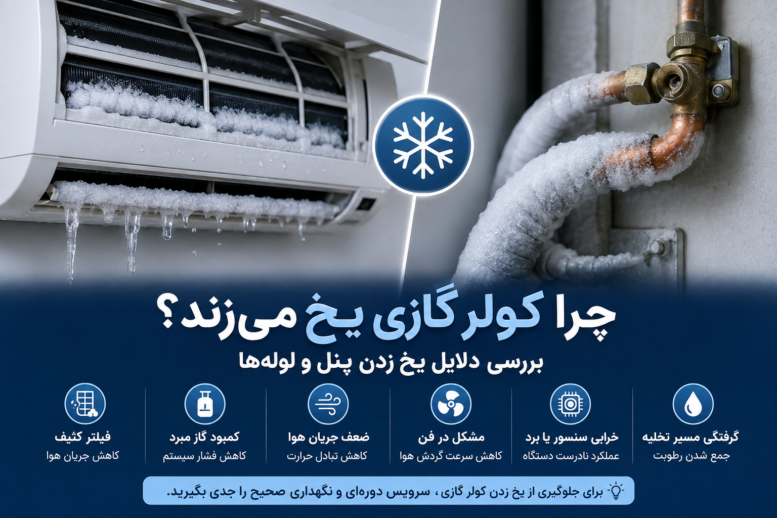 علت یخ زدن کولر گازی و بررسی یخ‌زدگی پنل و لوله‌های مسی